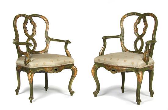 Appraisal: Pair of Venetian Painted Open Armchairs each with intertwining back