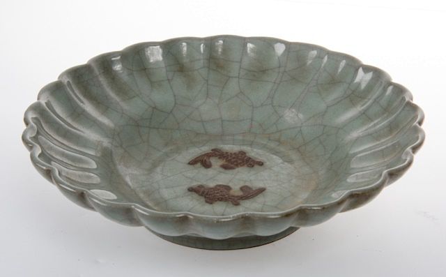 Appraisal: Celadon Pottery Bowl Celadon pottery bowl with petal form rim