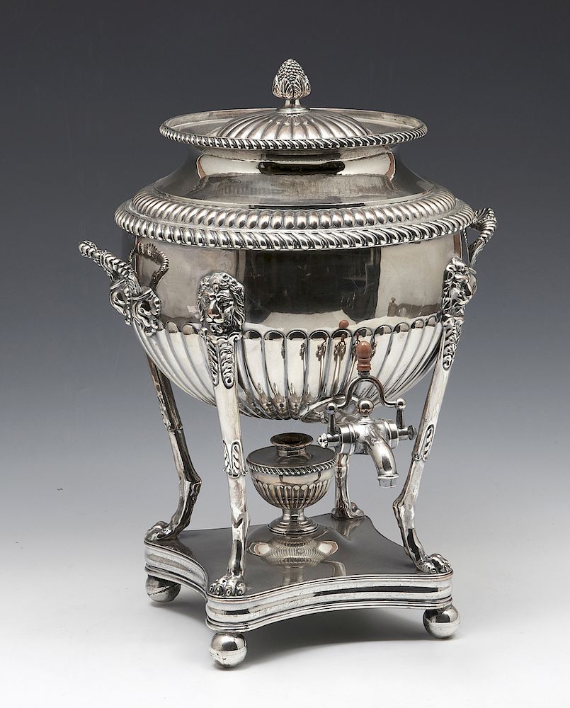 Appraisal: Silver plate coffee samovar urn Silver plate coffee samovar urn