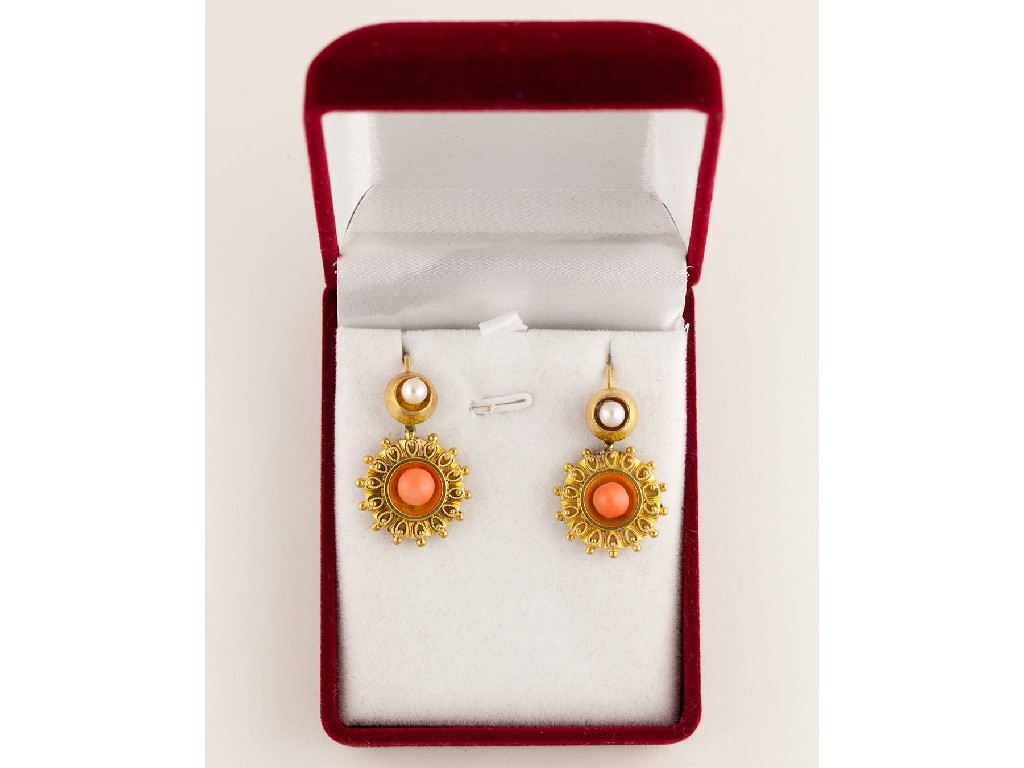 Appraisal: A pair of Victorian gold pearl and coral earrings unmarked