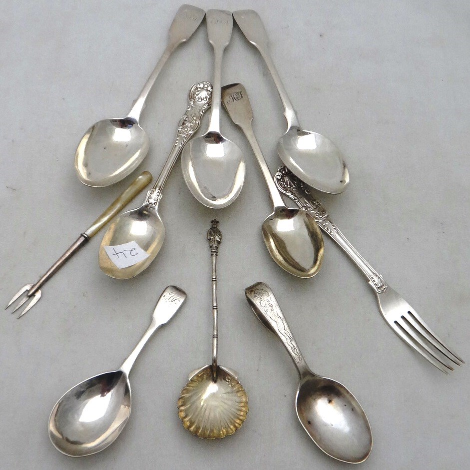 Appraisal: Three silver fiddle pattern dessert spoons London a silver christening