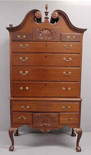 Appraisal: Chippendale mahogany bonnet-top highboy with shell carved drawers reeded stiles