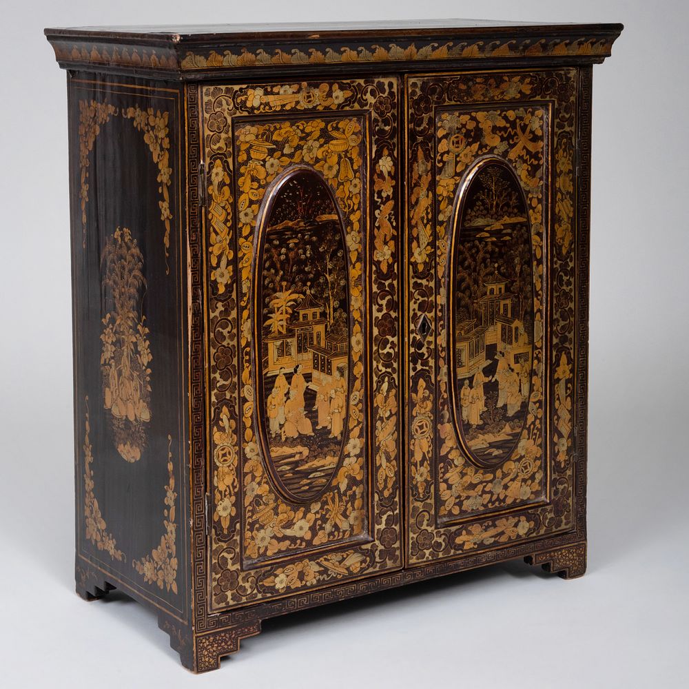 Appraisal: Chinese Export Black and Gilt Lacquer Table Cabinet With five