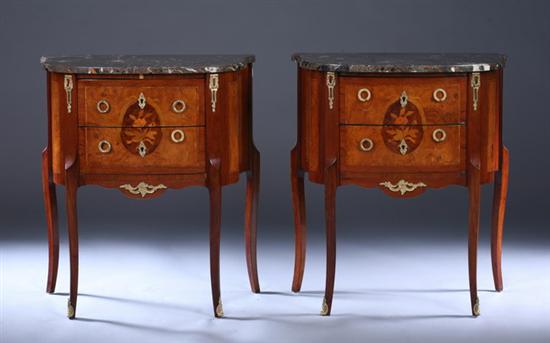 Appraisal: PAIR LOUIS XVI STYLE MARBLE-TOP INLAID PETITE COMMODES th century