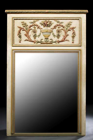 Appraisal: Large French Carved Polychromed and Parcel-Gilt Beechwood Trumeau Mirror first