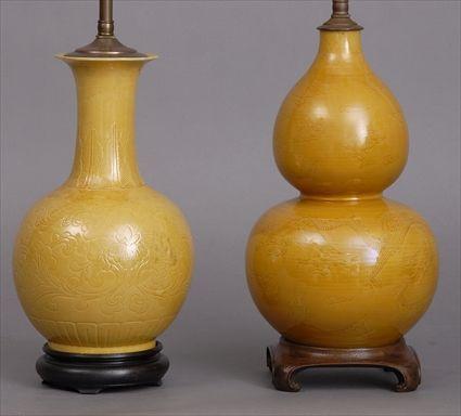 Appraisal: TWO OCHRE-GLAZED PORCELAIN VASES MOUNTED AS LAMPS One of double