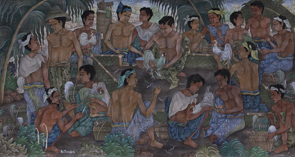 Appraisal: TUNGEH I Ketut Balinese - Balinese Cockfight Scene Painting Silk