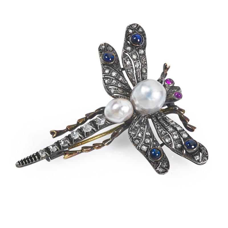 Appraisal: JEWELED DRAGONFLY BROOCH Naturalistically rendered in silver topped k gold