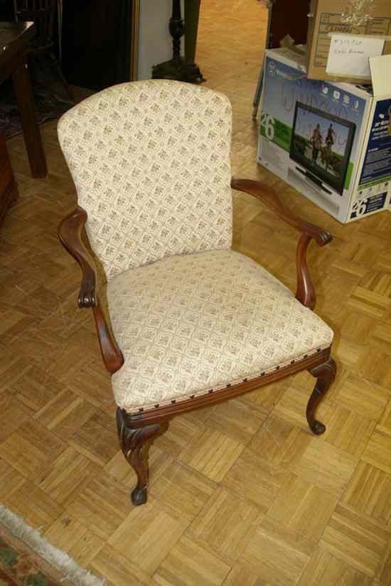 Appraisal: OPEN-ARM MAHOGANY-FRAME UPHOLSTERED CHAIR 's - in x in x