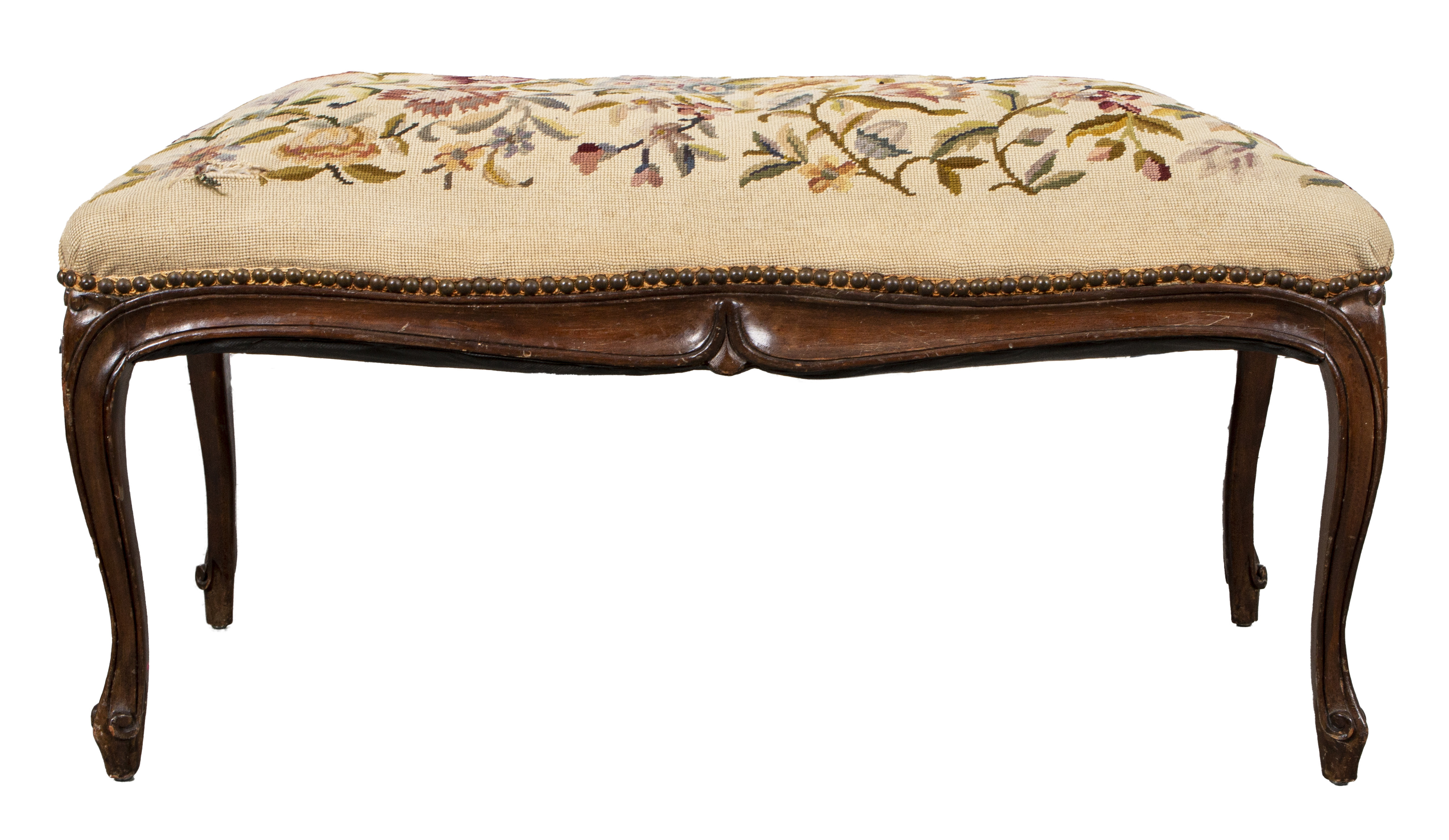 Appraisal: LOUIS XV STYLE NEEDLEPOINT UPHOLSTERED BENCH Louis XV style needlepoint-upholstered