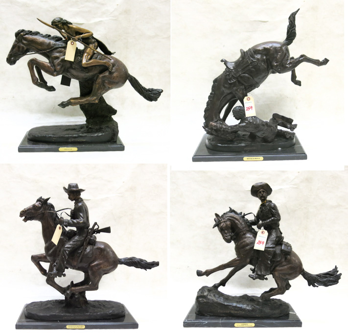 Appraisal: FOUR WESTERN BRONZE SCULPTURES after the works of Frederic Sackrider