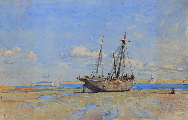 Appraisal: NELSON DAWSON - A beached sailing vessel watercolour x cm