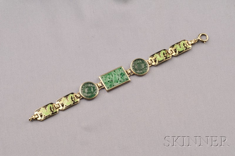 Appraisal: Art Deco kt Gold Enamel and Jadeite Bracelet Enos Richardson