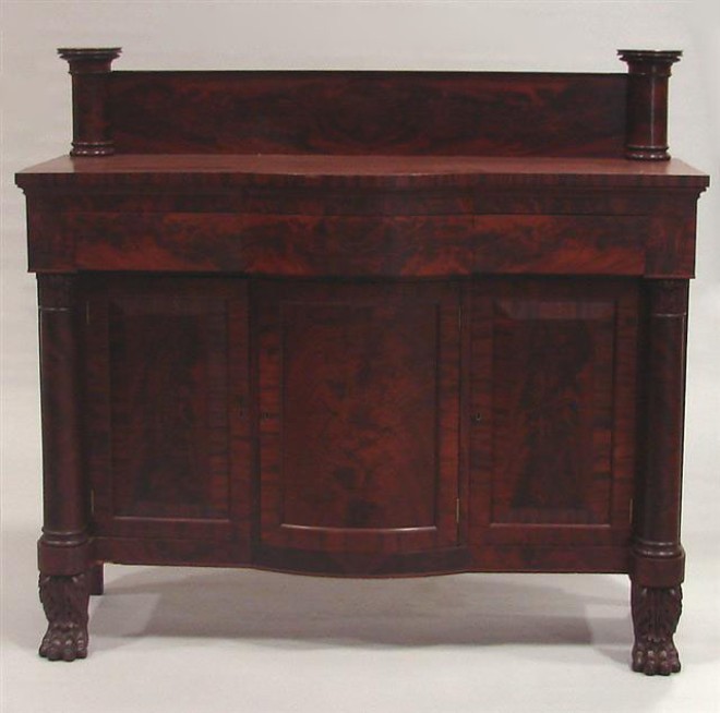 Appraisal: Figured Mahogany Column front sideboard with carved capitals and paw