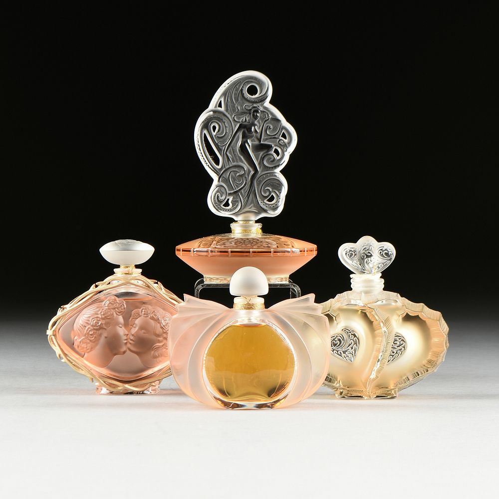 Appraisal: A GROUP OF FOUR FRENCH LALIQUE PERFUME BOTTLES FROM THE