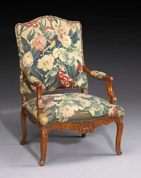 Appraisal: A R gence walnut and tapestry upholstered fauteuil la reine