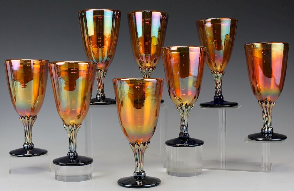 Appraisal: Rick Strini Iridescent Glass Wine Water Goblets Set of eight