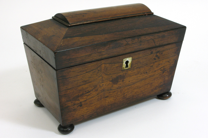 Appraisal: TH C ROSEWOOD TEA CADDY the hinged lid opens to