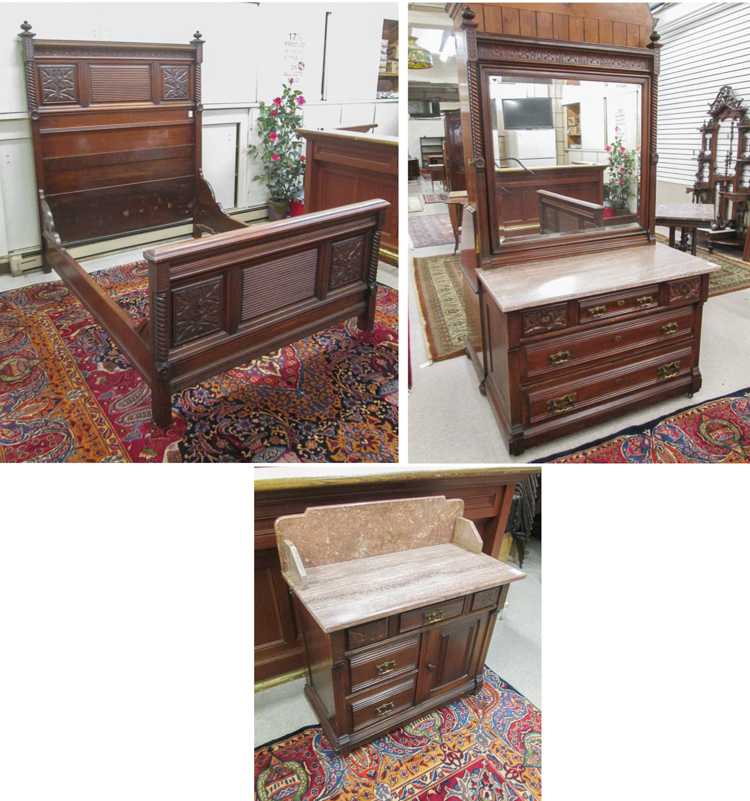 Appraisal: THREE-PIECE VICTORIAN MAHOGANY BEDROOM FURNITURE SET Eastlake design American c