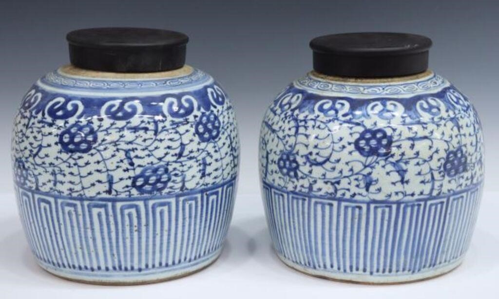 Appraisal: pair Chinese blue and white porcelain lidded melon jars peony