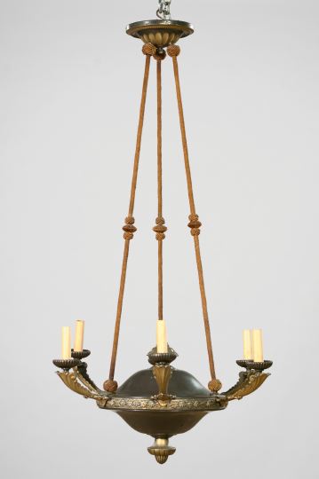 Appraisal: Stylish French Brass-Mounted Black Tole-Peinte Six-Light Chandelier second quarter th