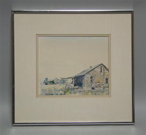 Appraisal: FARM COTTAGE Watercolor on paper x in sight Framed