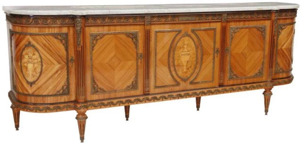 Appraisal: French Louis XVI style marble-top matched veneer sideboard Jean-Pierre Ehalt