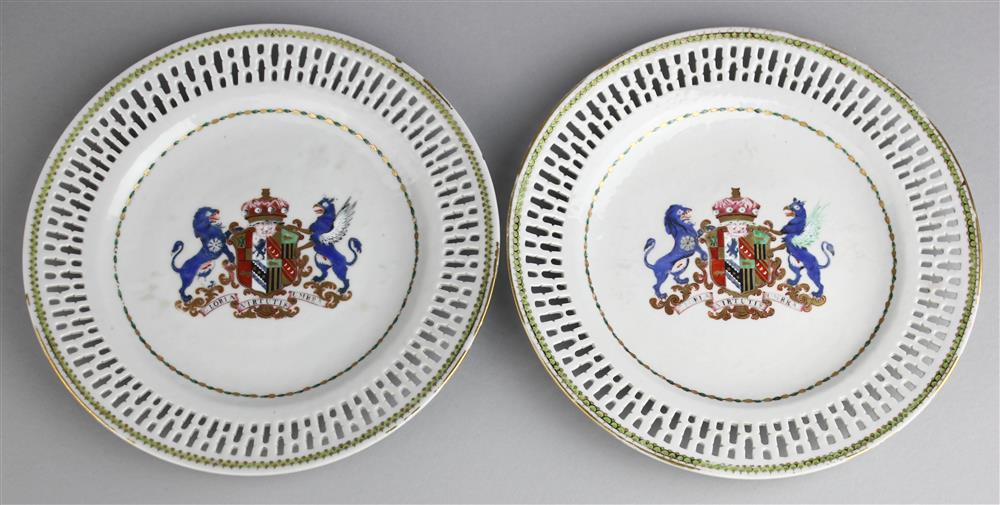 Appraisal: PAIR OF CHINESE EXPORT ARMORIAL RETICULATED PLATES TH CENTURY circa