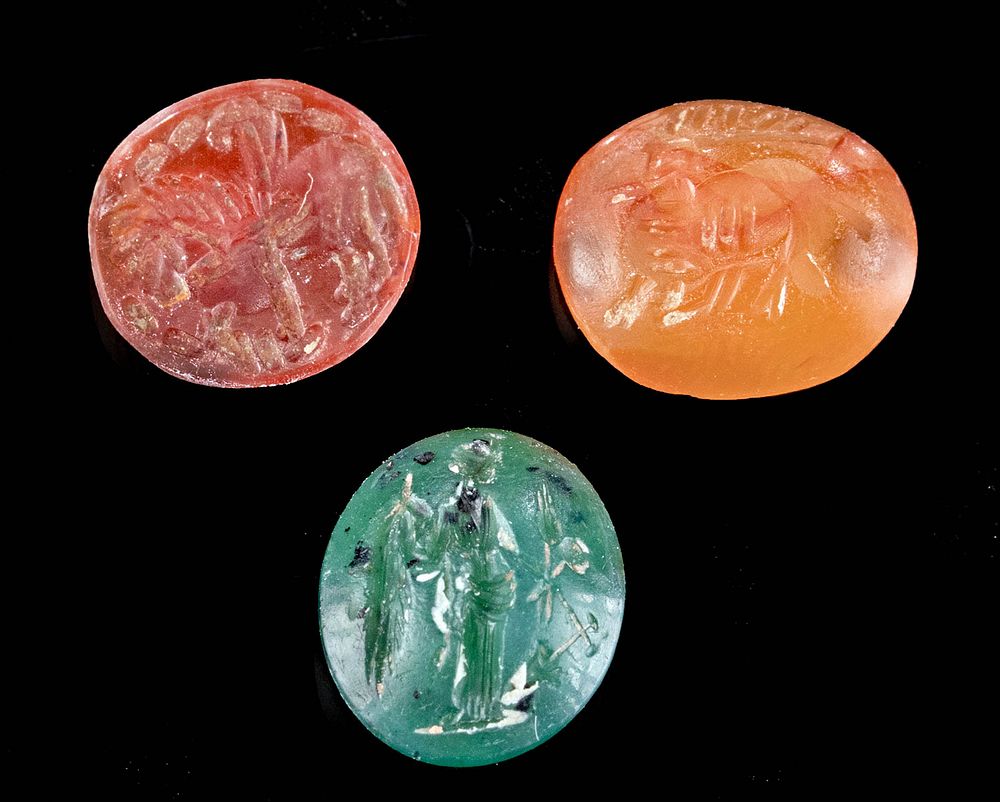 Appraisal: Roman Carnelian and Green Agate Intaglios Rome Imperial Period ca