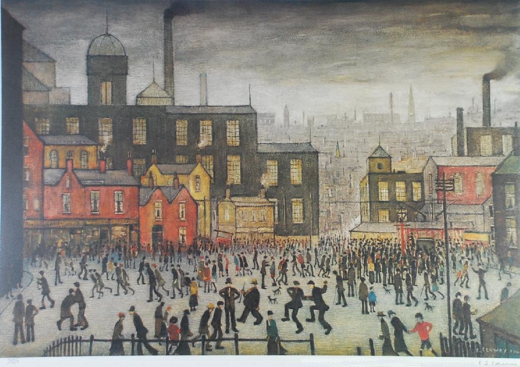 Appraisal: L S LOWRY ARTIST SIGNED COLOURED PRINT Our Town in