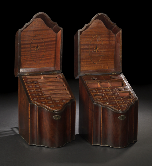 Appraisal: Pair of Georgian Mahogany and Marquetry Serpentine-Edged Slant-Front Knife Boxes