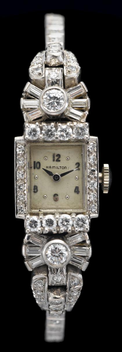 Appraisal: Lady's platinum and diamond dress watch Hamilton Rectangular diamond accented