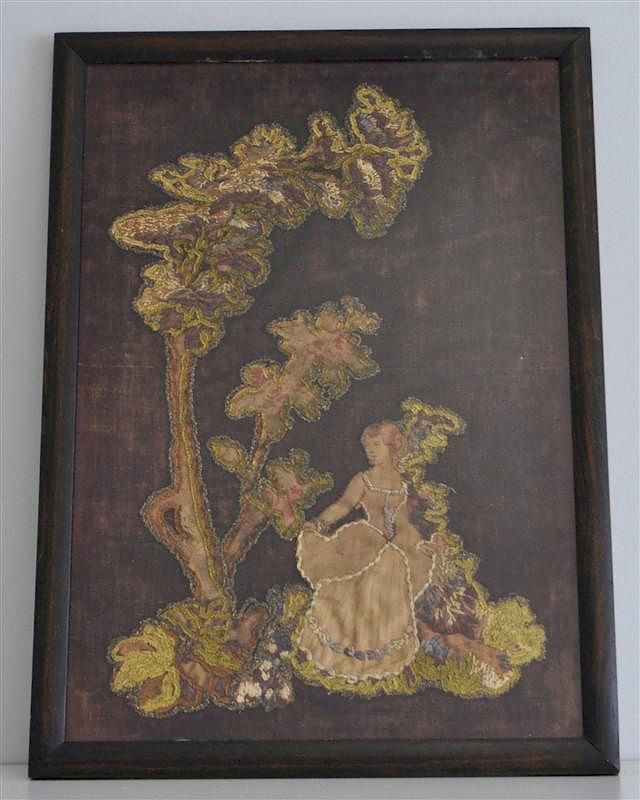 Appraisal: ANTIQUE AMERICAN th c STUMPWORK Framed th c Silk Stumpwork