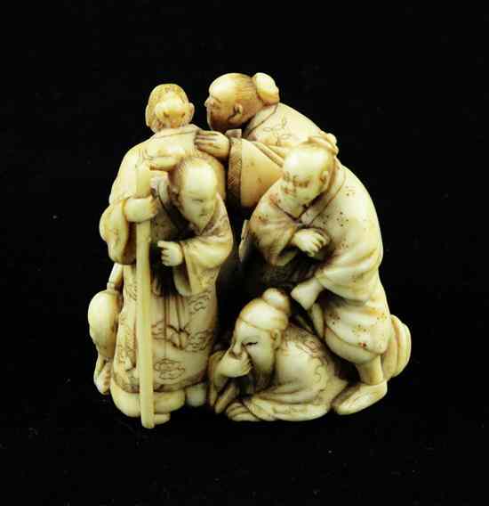 Appraisal: A Meiji period ivory netsuke carved as five rakkan signed