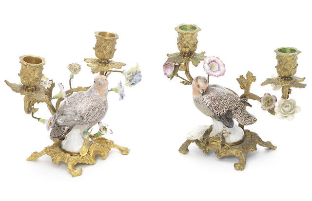 Appraisal: A pair of Meissen models of partridges mounted on ormolu