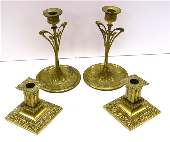 Appraisal: Two pairs of brass candlesticks one pair '' h nouveau