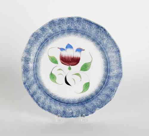 Appraisal: Blue spatter plate with a tulip th c dia