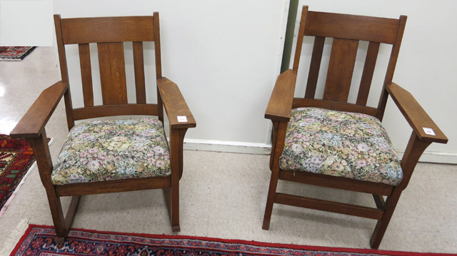 Appraisal: CRAFTSMAN OAK ROCKING CHAIR AND MATCHING ARMCHAIR American c the