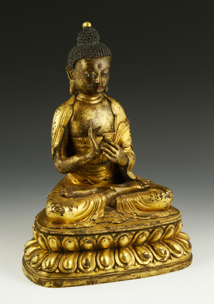 Appraisal: - Qing Dynasty Gilt Bronze Buddha Gilt bronze figure of