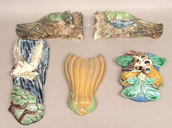 Appraisal: Five Molded and Glazed Pottery Wall Pockets One in the