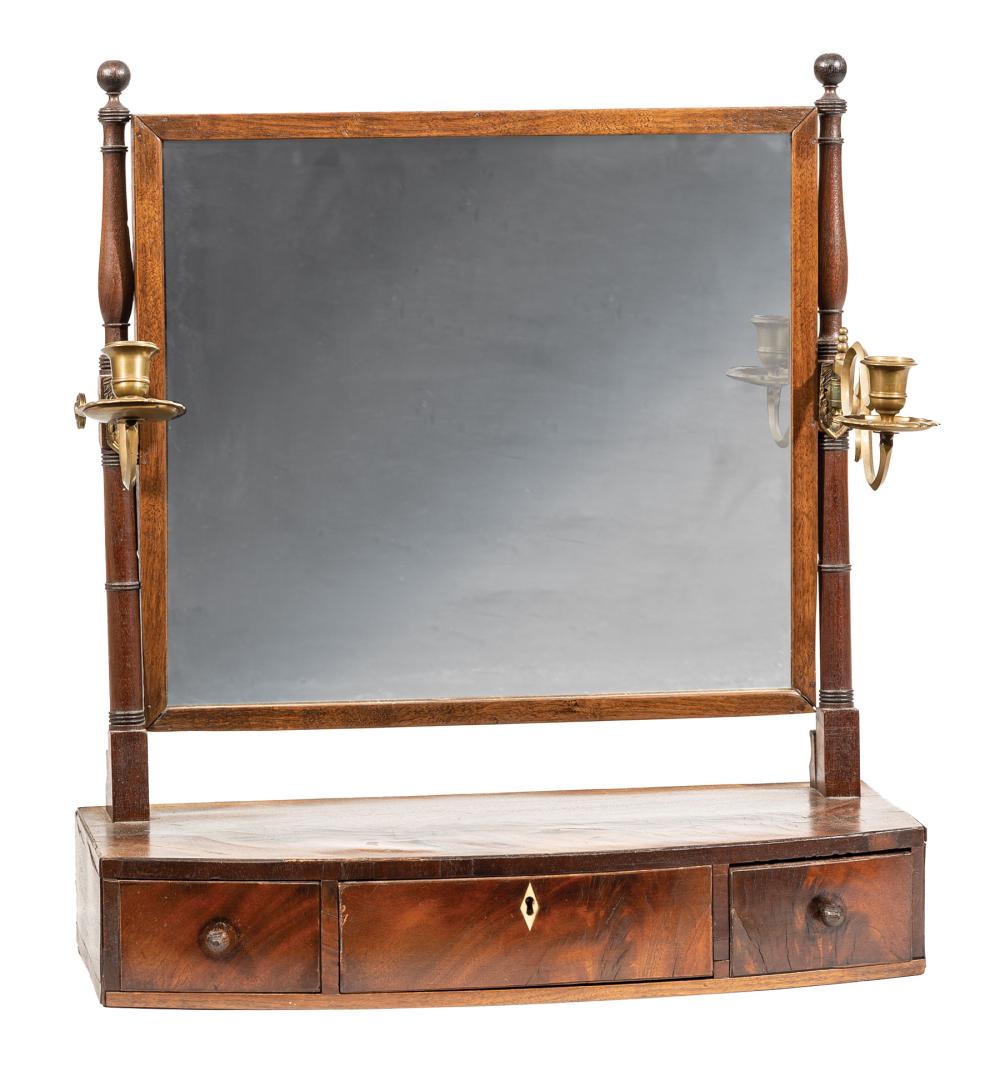 Appraisal: Federal Mahogany Girandole Dressing Mirror ring-turned mirror supports shaped case