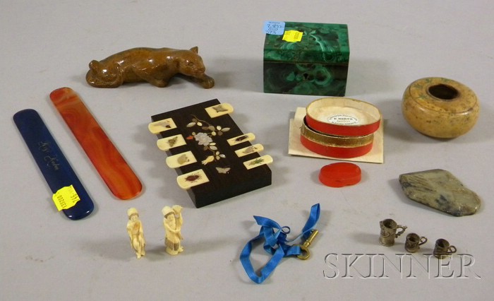 Appraisal: Carnelian and Malachite Box with Assorted Small Decorative Items a