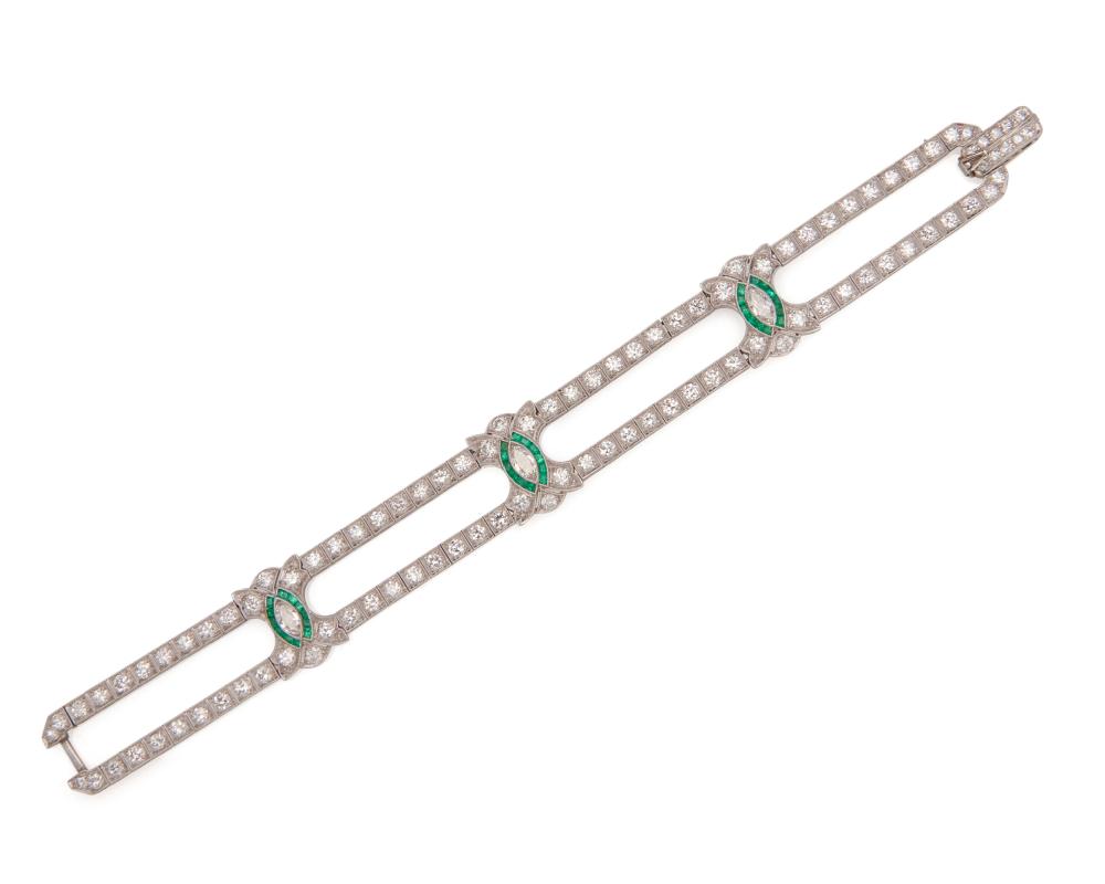 Appraisal: Platinum Diamond and Emerald Bracelet the millegrain bracelet featuring two