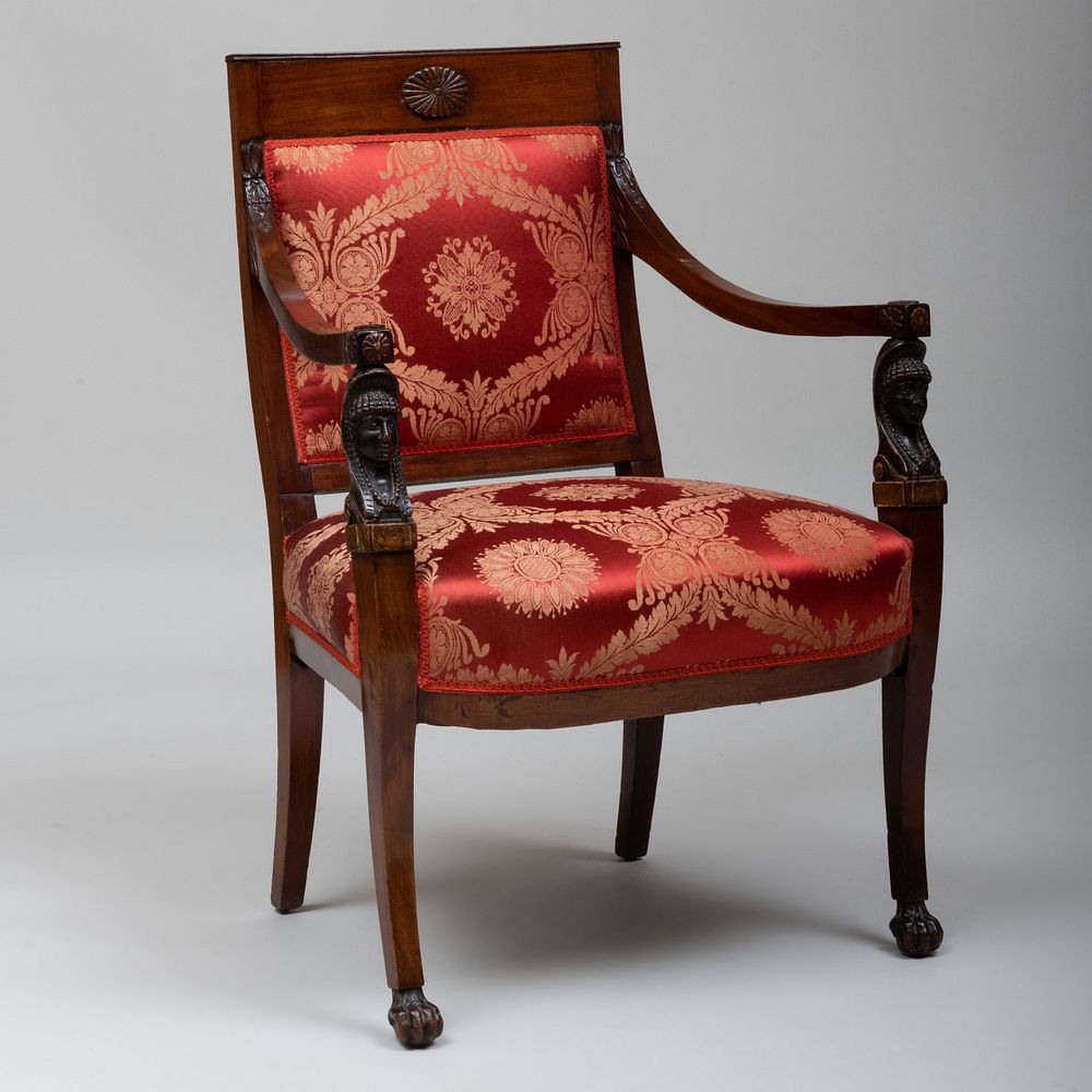 Appraisal: Russian Neoclassical Carved Mahogany Ebonized and Parcel-Gilt Armchair Possibly German