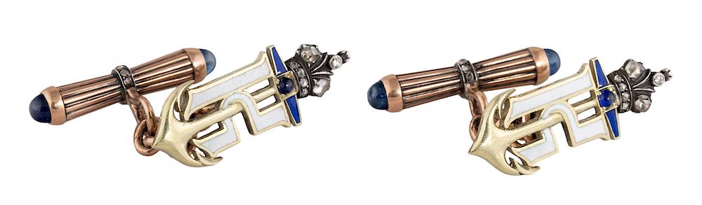 Appraisal: A PAIR OF RUSSIAN GOLD AND ENAMEL CUFFLINKS WITH SAPPHIRES