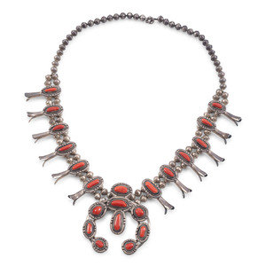 Appraisal: Navajo Silver and Coral Squash Blossom Necklace third quarter th