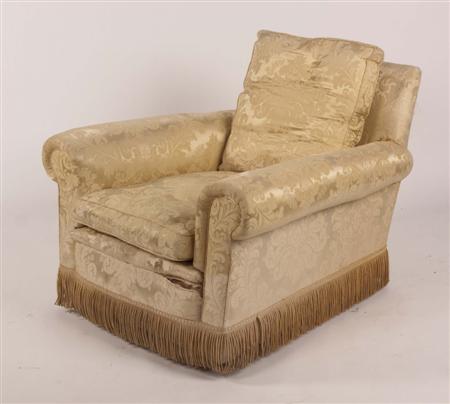 Appraisal: PAIR OF GOLD DAMASK ARMCHAIRS with scroll arms and tasselled