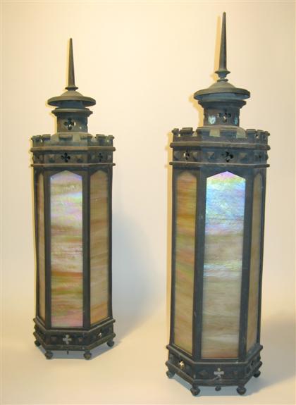 Appraisal: Pair octagonal slag glass and bronze lanterns th th century