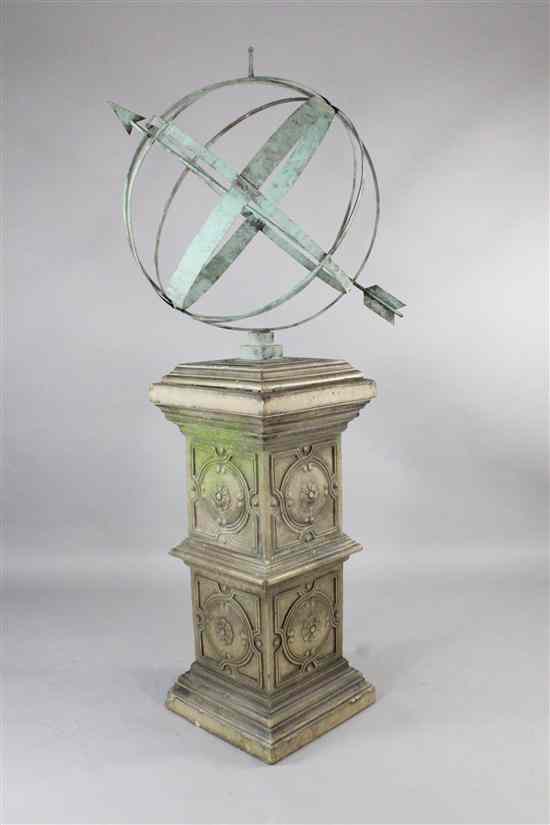 Appraisal: A copper armillary sphere on glazed earthenware double cubed column