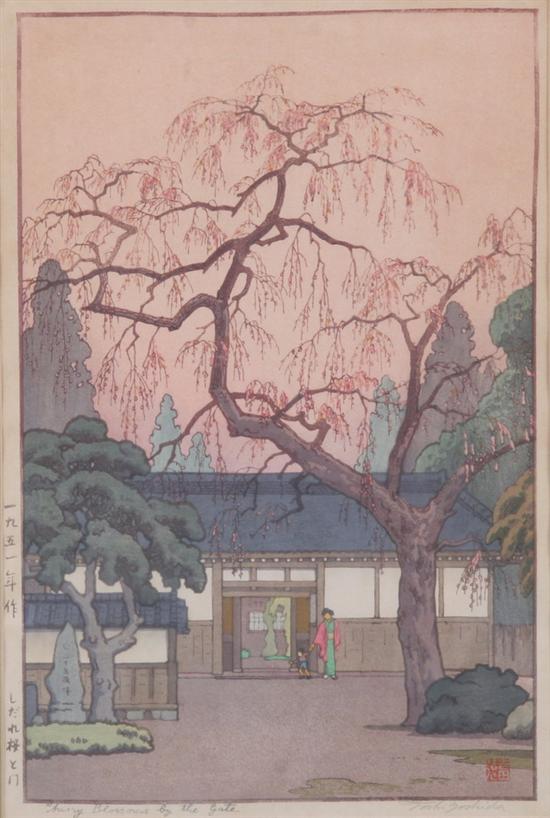 Appraisal: TOSHI YOSHIDA Japan born Cherry blossoms by the gate Color